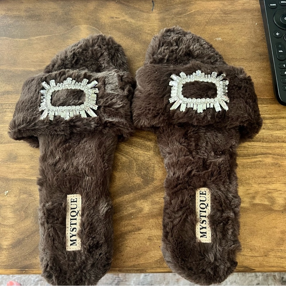 Mystique Brown Faux Fur Slide Slippers with Crystal Accent
